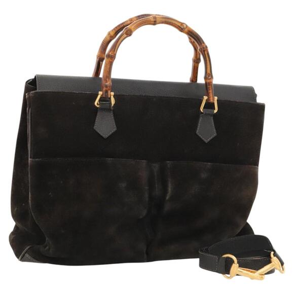 GUCCI Bamboo Hand Bag Suede Black Gold 002 123 002 123 - Picture 1 of 16
